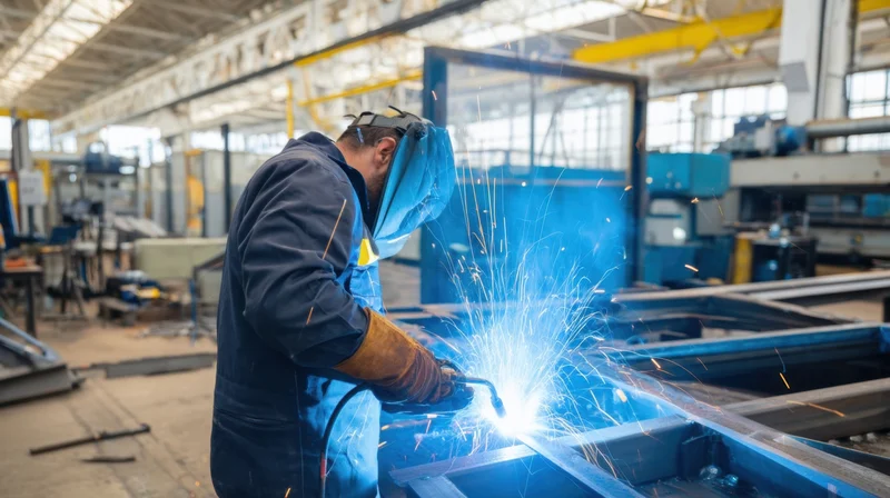 Welder in protective gear welding metal frame in factory workshop