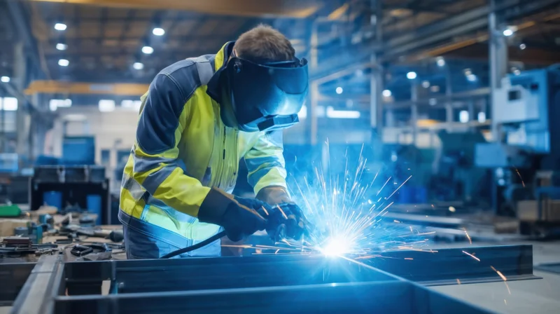 Welder joining metal pieces in a factory workshop wearing protective gear