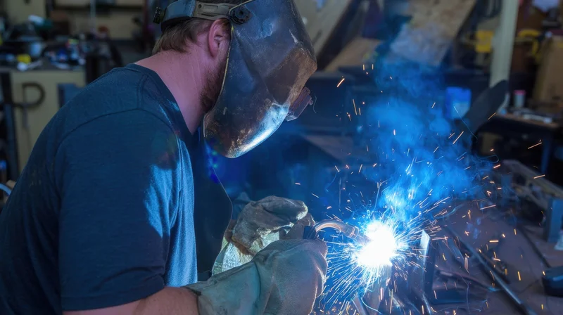 Welder using torch to join metal pieces in workshop