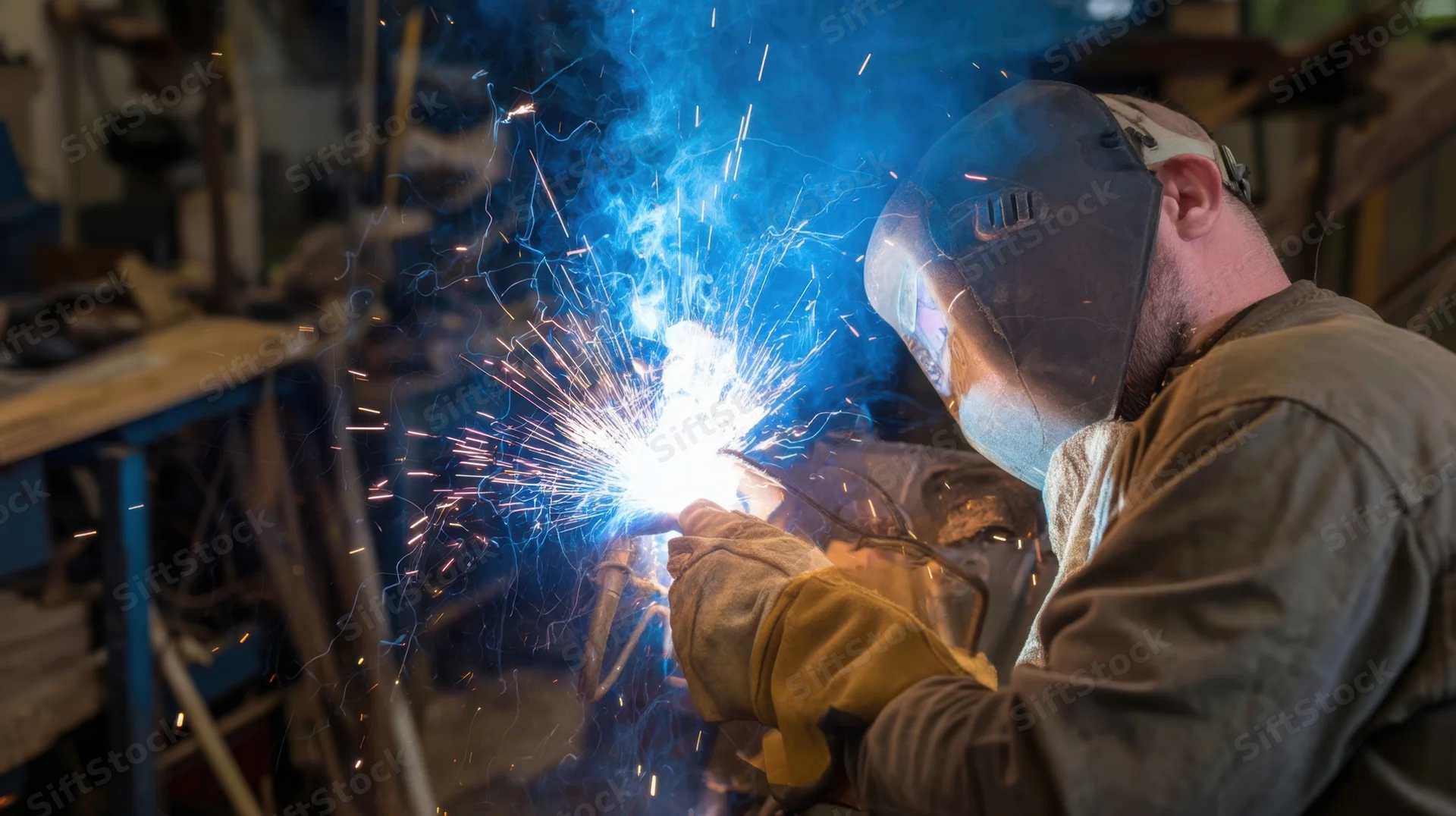 Welder joining metal with arc welding torch in industrial workshop