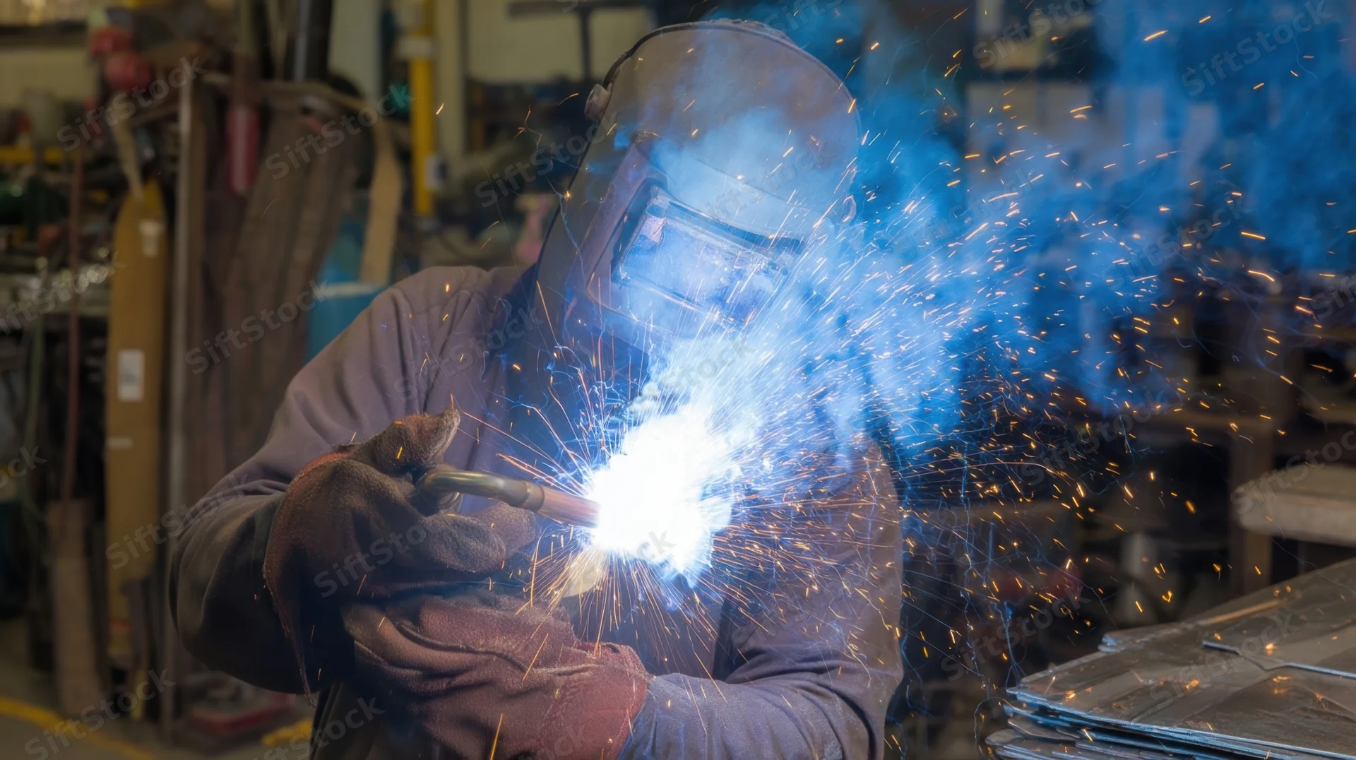Welder using arc torch to join metal in workshop