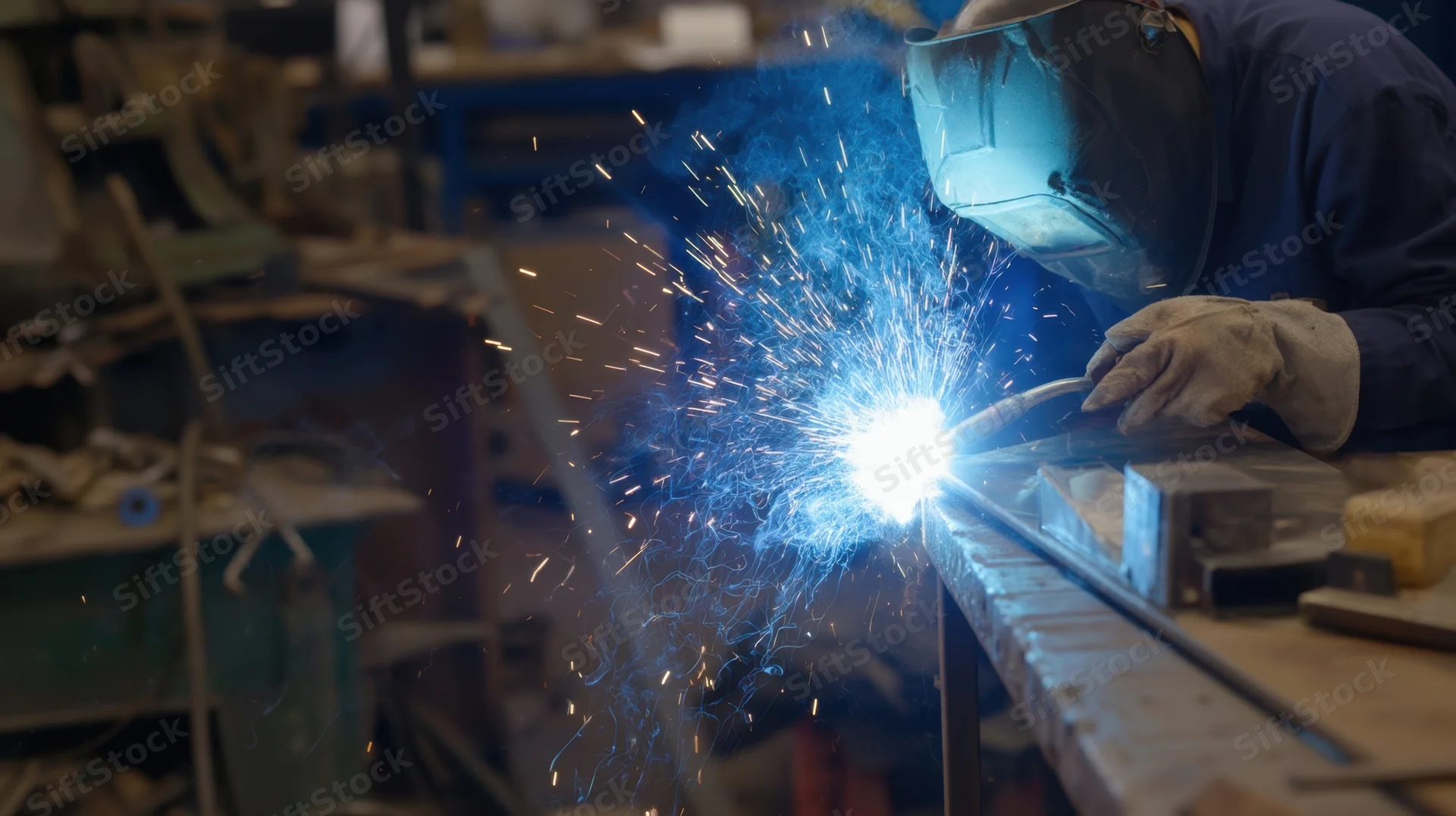 Welder performing arc welding on metal in a workshop