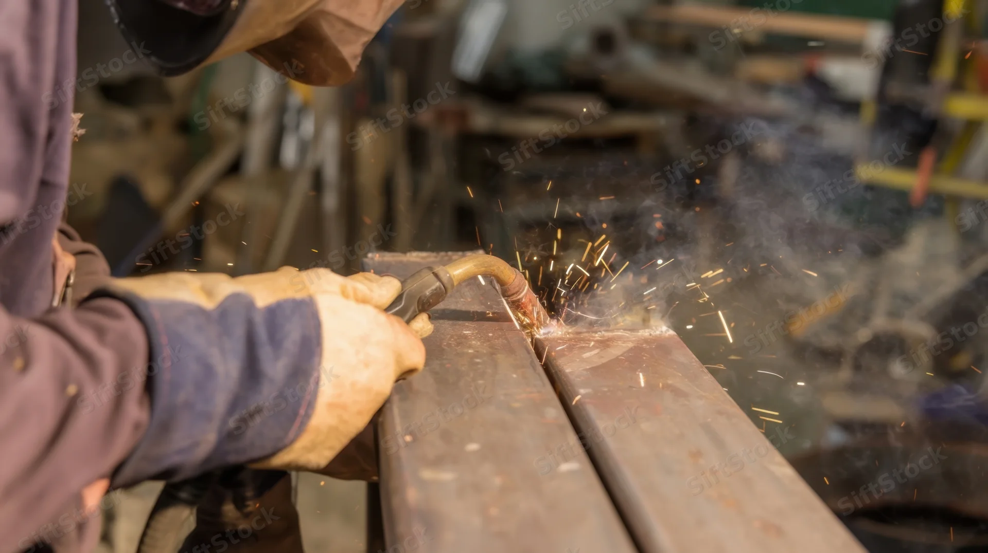 Welder using torch to join metal beams in workshop