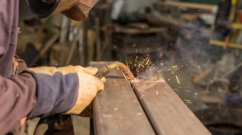Welder using torch to join metal beams in workshop