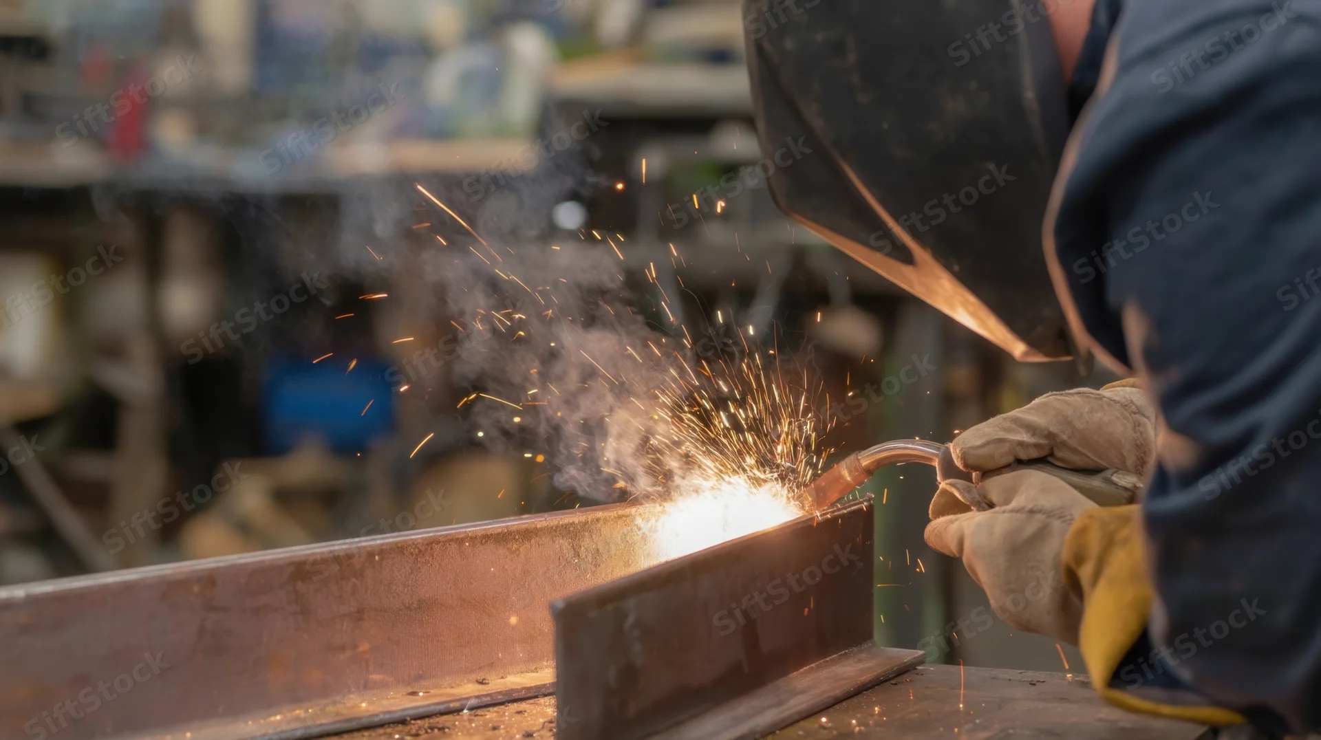 Welder joining metal pieces with sparks flying in a workshop