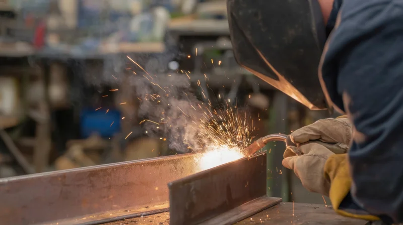 Welder joining metal pieces with sparks flying in a workshop