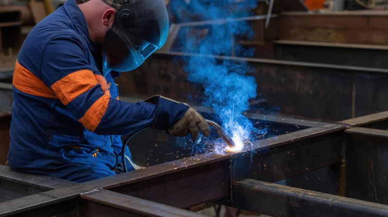 Welder joining steel beams with arc welding torch in industrial workshop