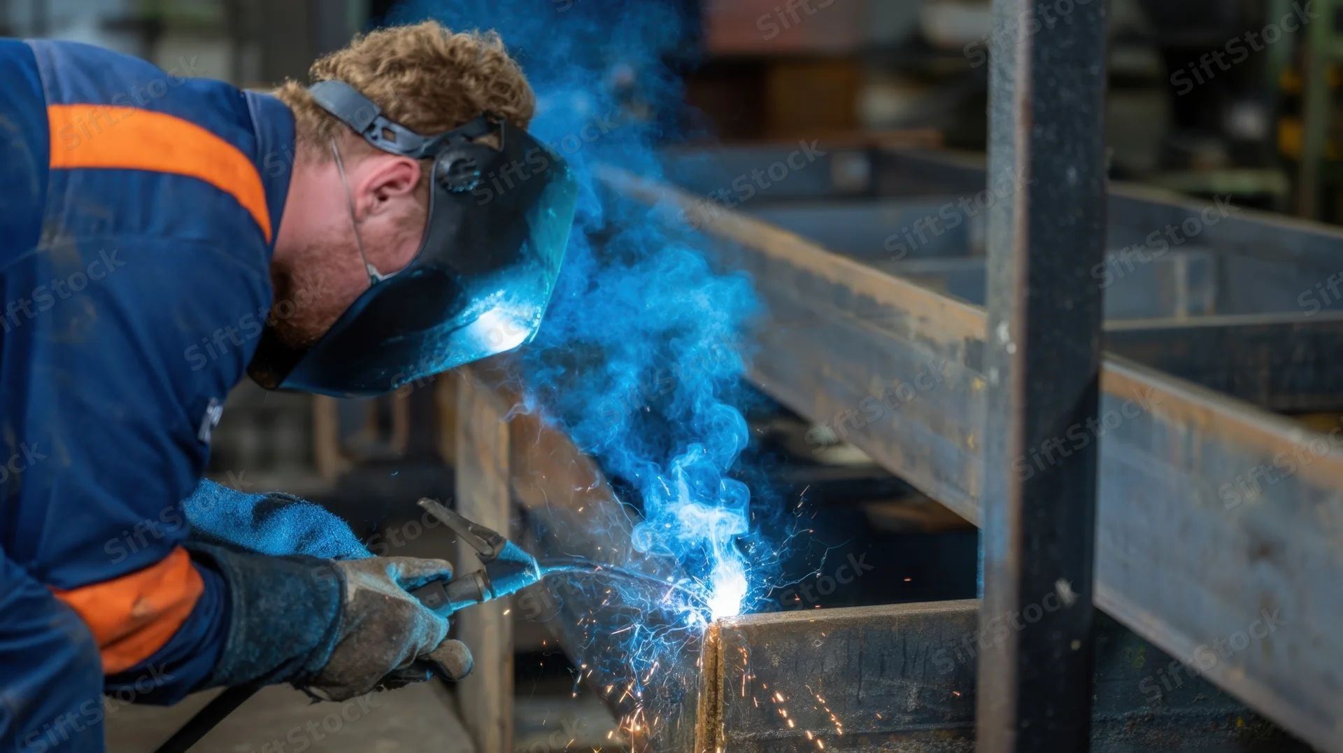 Welder in protective gear welding metal frame in industrial workshop