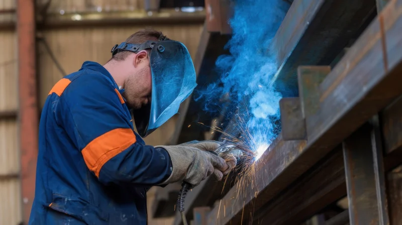 Welder in protective gear welding metal beams in a factory workshop