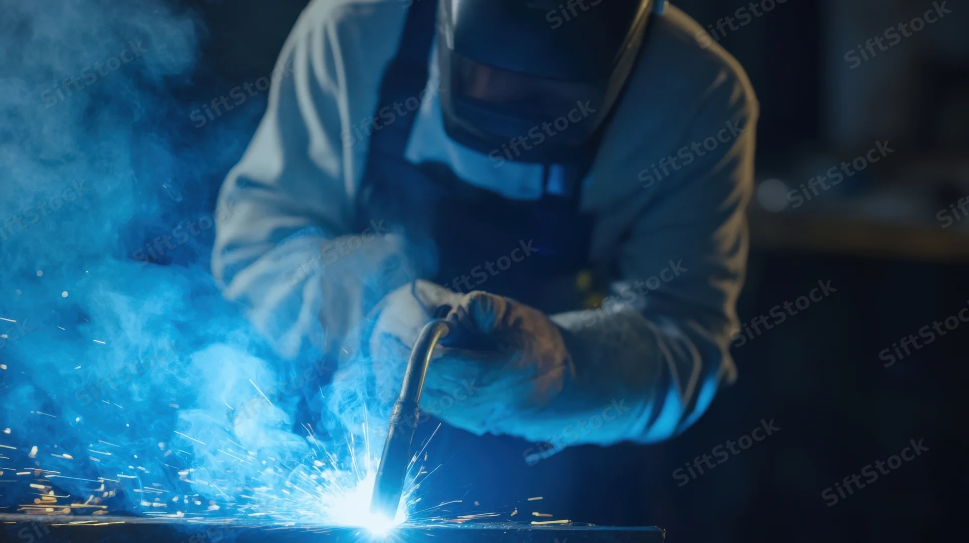 Welder performing arc welding in a workshop with sparks and smoke