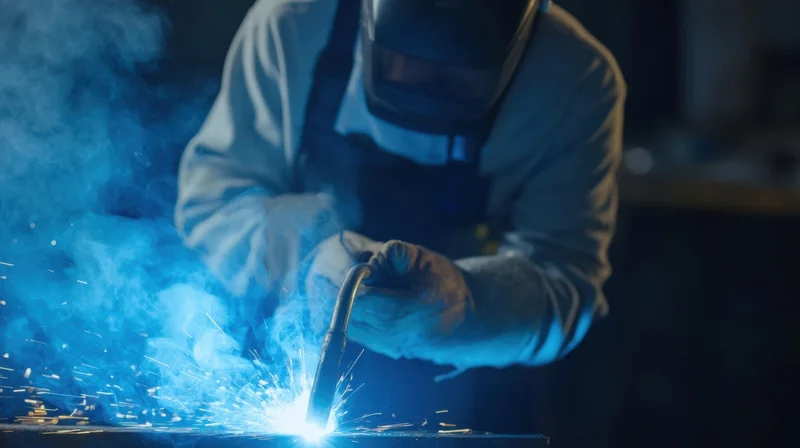 Welder performing arc welding in a workshop with sparks and smoke