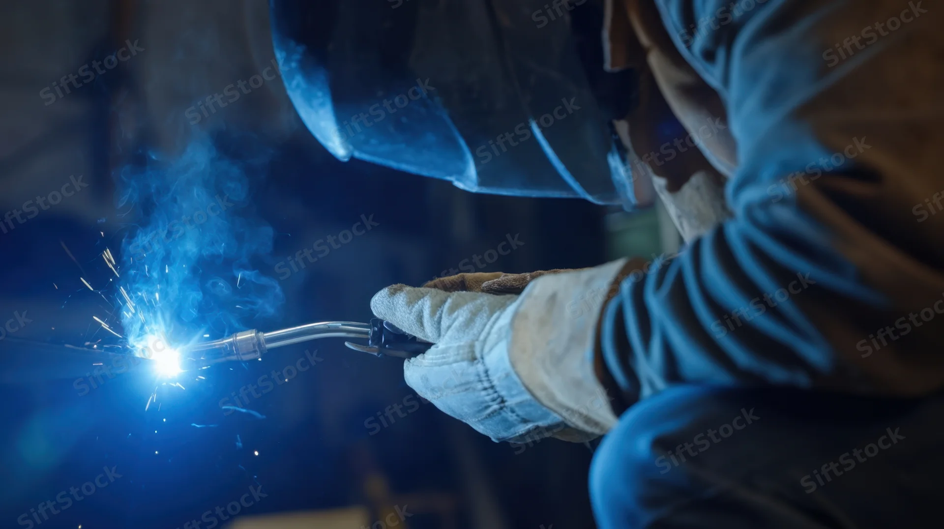 Welder in protective gear welding metal with sparks flying in a dim industrial setting
