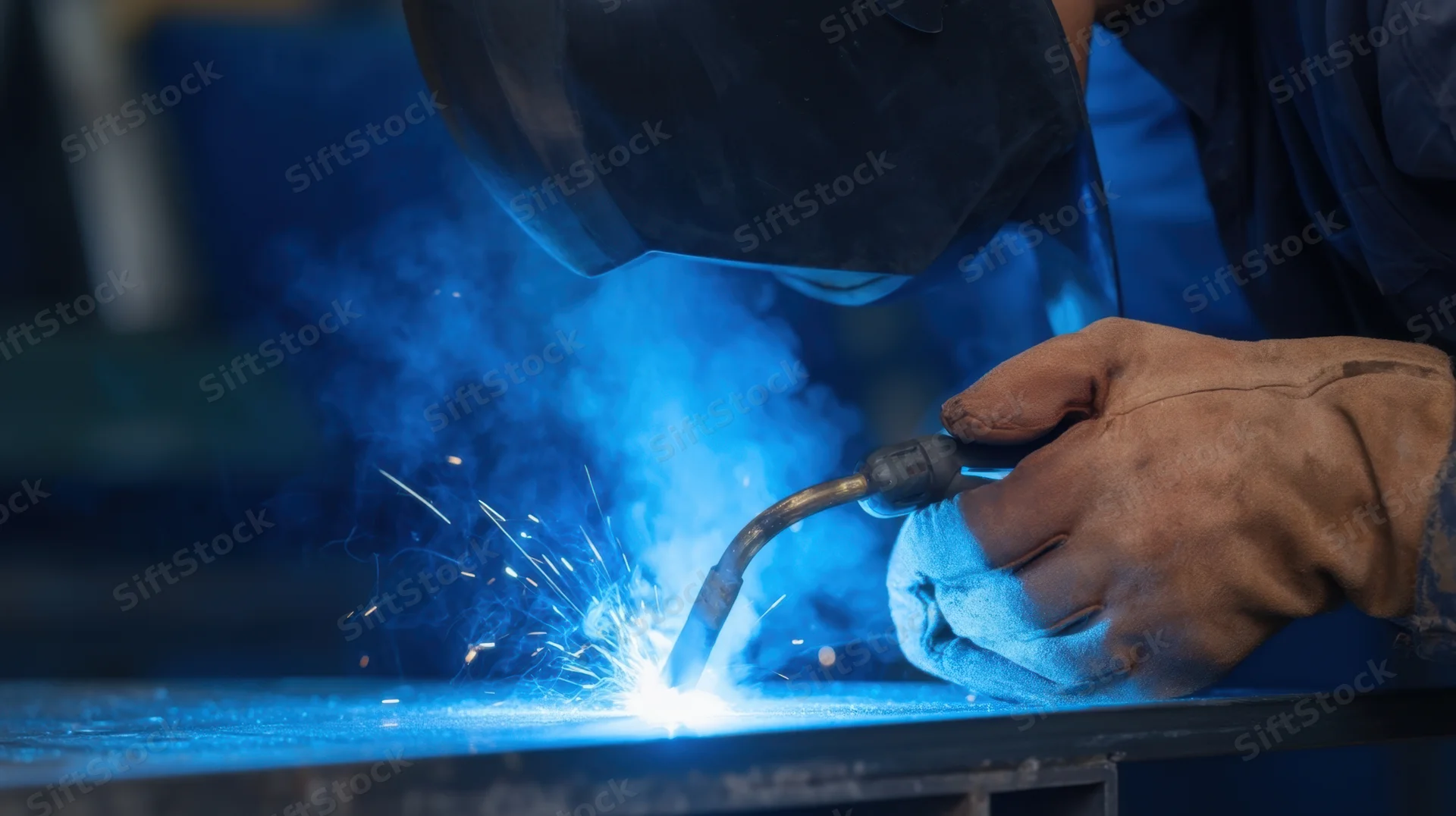 Welder using torch to join metal in industrial workshop