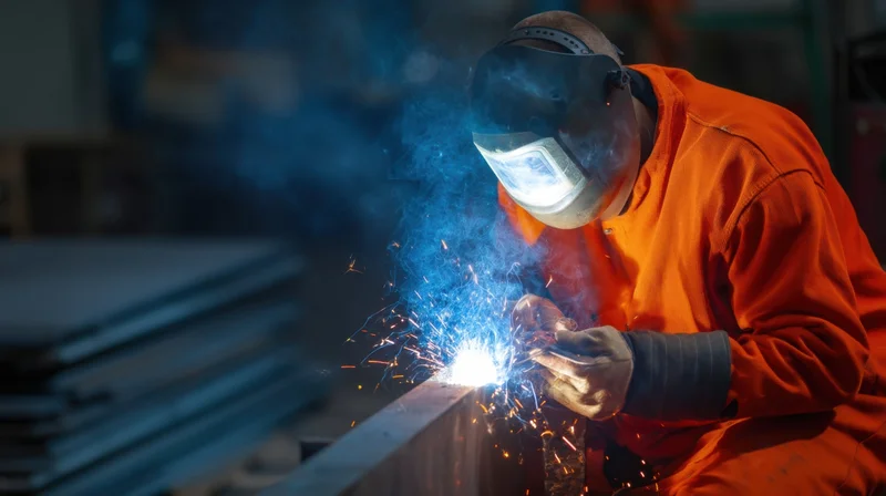 Welder in orange protective suit welding metal in a workshop with sparks flying