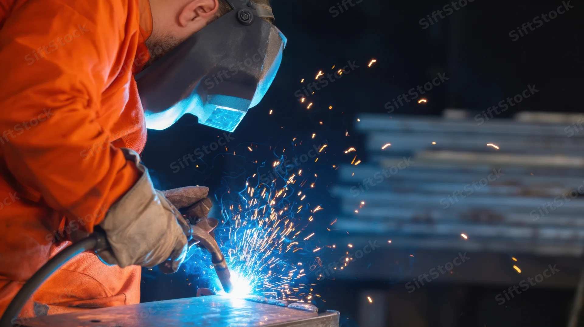 Welder in orange protective suit welding metal with sparks flying in workshop