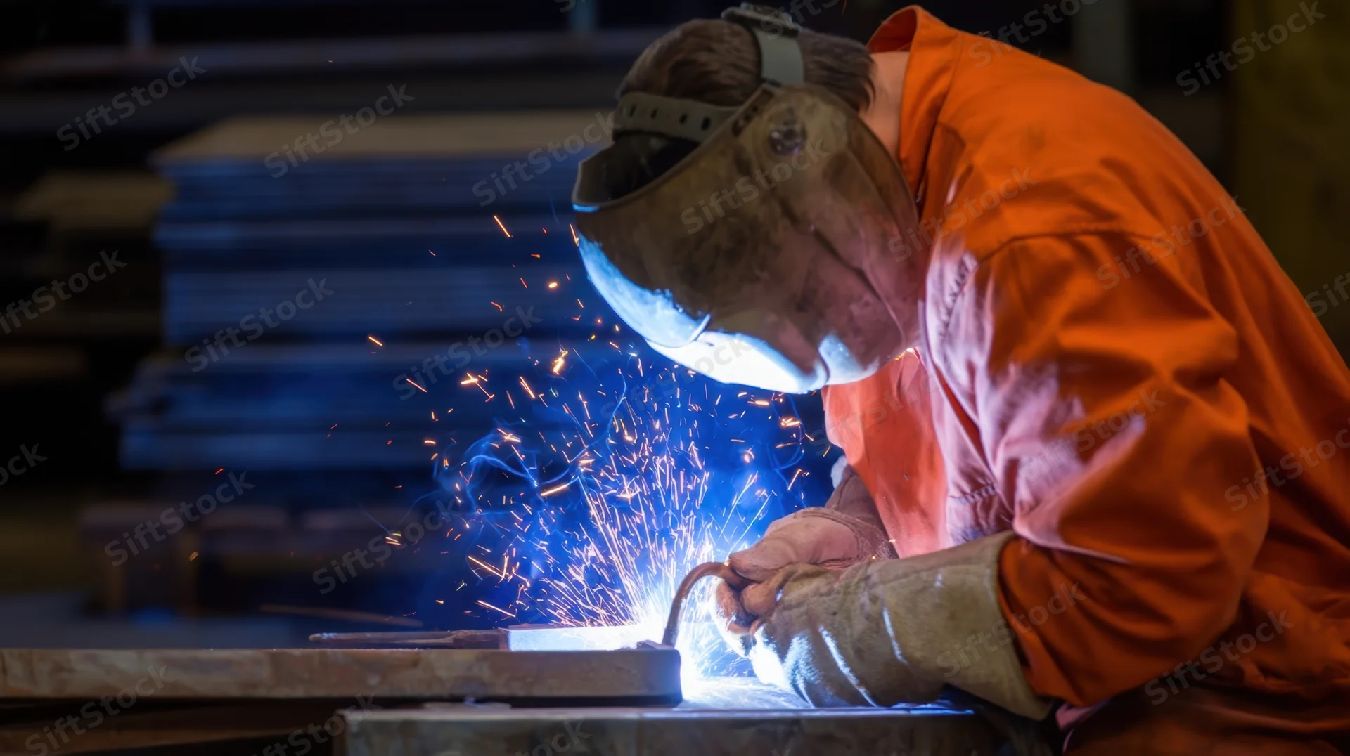 Welder in orange protective suit welding metal in a workshop with sparks flying