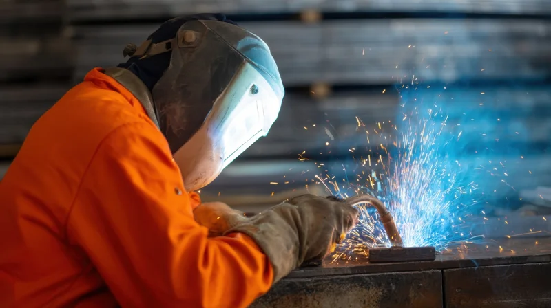 Welder in orange workwear using torch to join metal pieces in workshop
