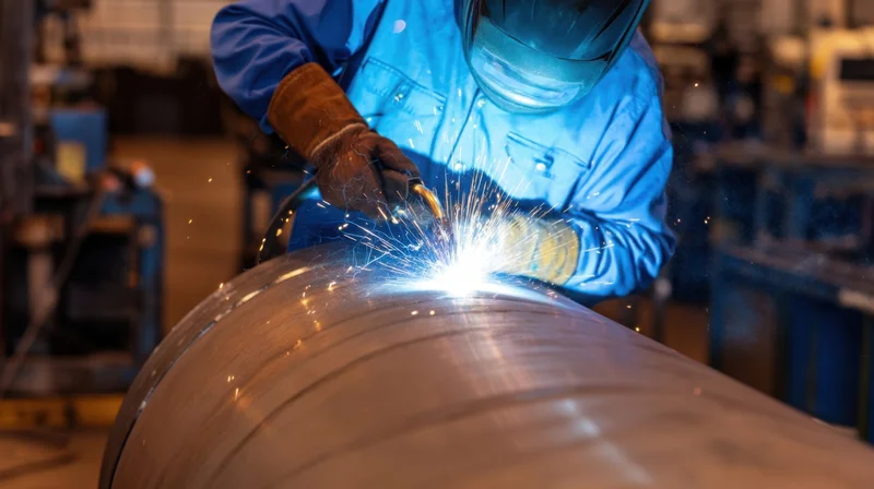 Welder joining metal pipe with arc welding torch in factory workshop