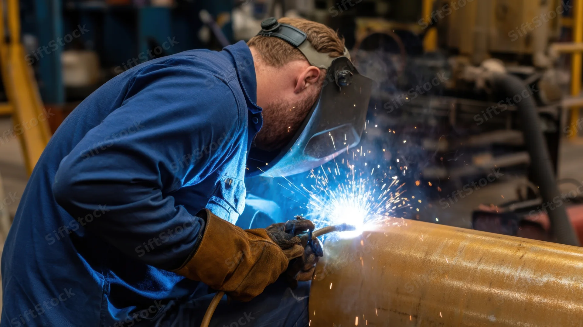 Welder welding a metal pipe in a factory workshop