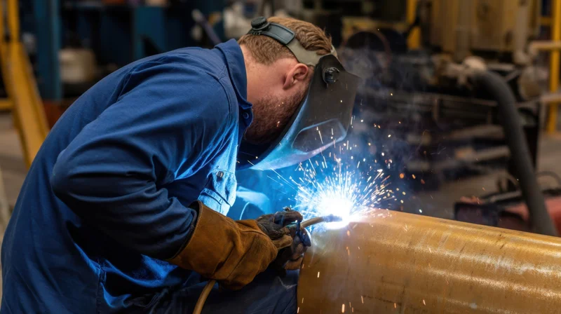 Welder welding a metal pipe in a factory workshop
