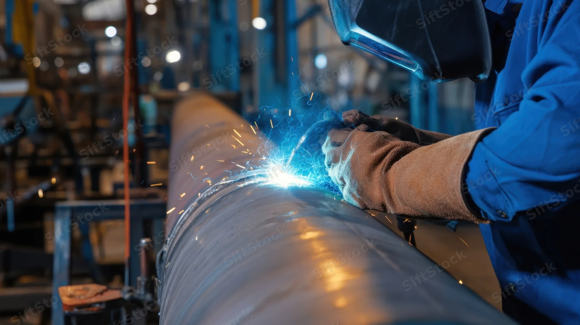 Welder welding a large metal pipe in a factory workshop