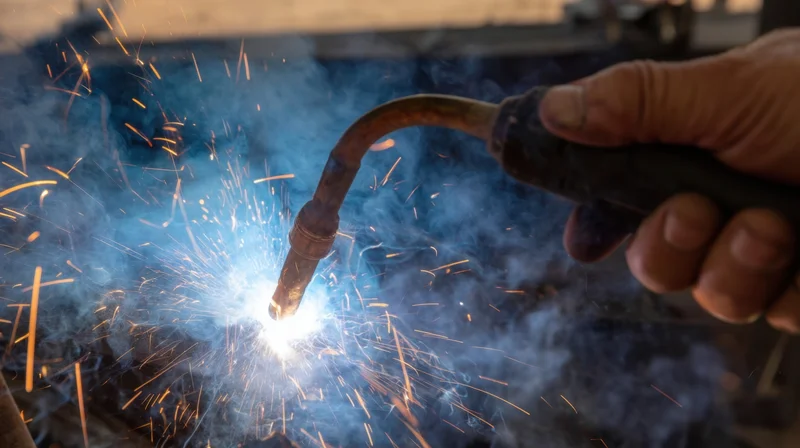 Hand holding welding torch creating sparks and smoke on metal surface in workshop