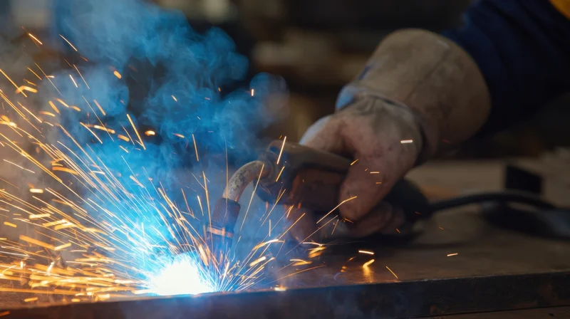 Worker welding metal with sparks flying in industrial workshop