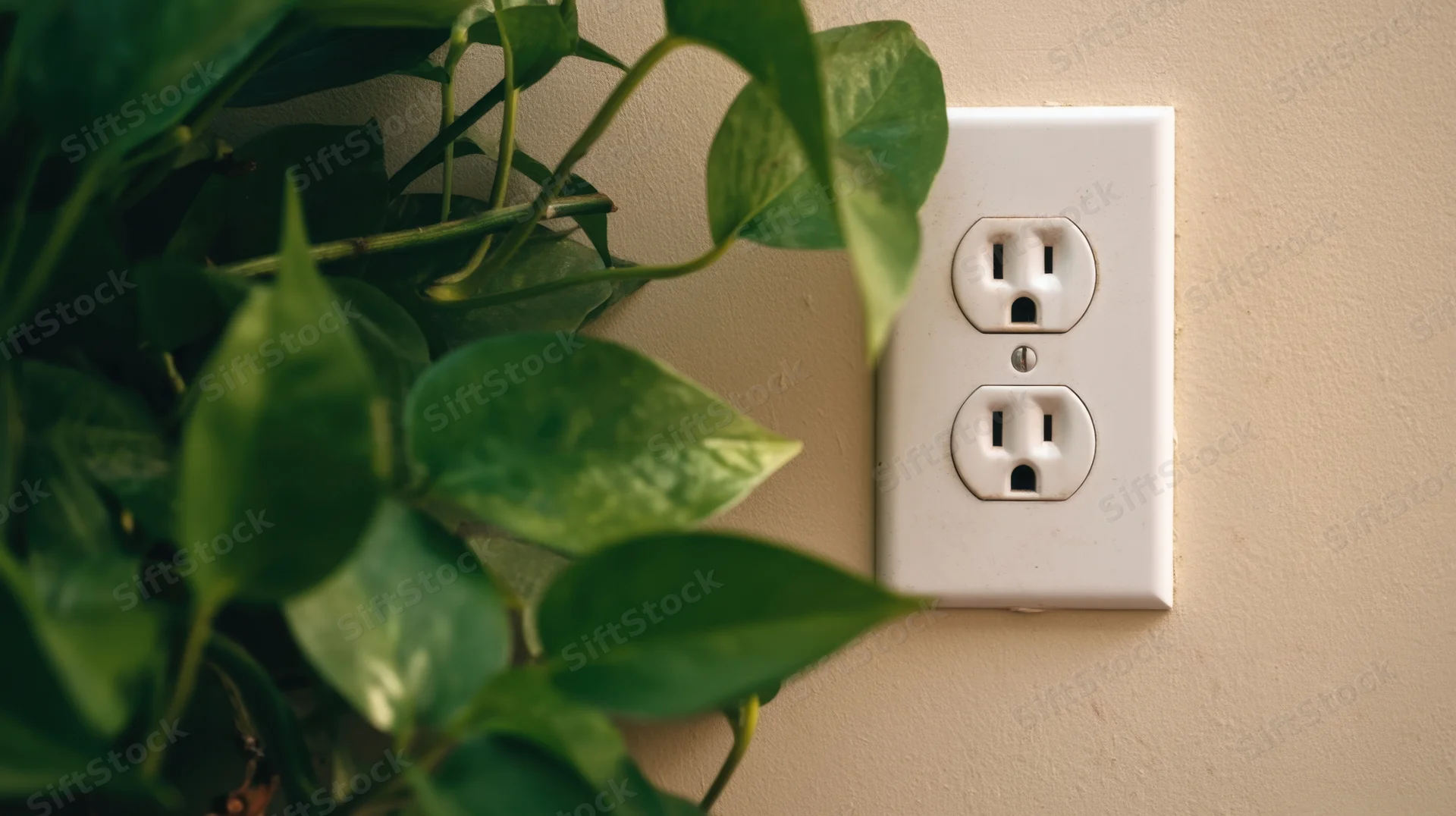 White electrical outlet on beige wall beside green pothos plant leaves