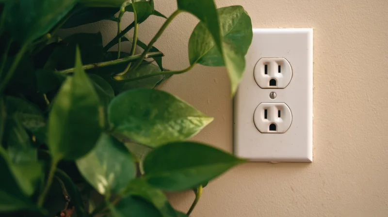 White electrical outlet on beige wall beside green pothos plant leaves