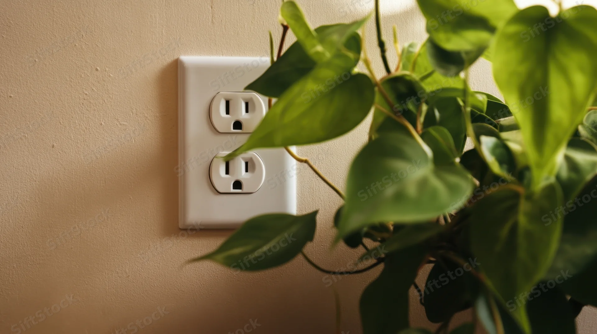 Green houseplant leaves framing a white electrical outlet on a beige wall