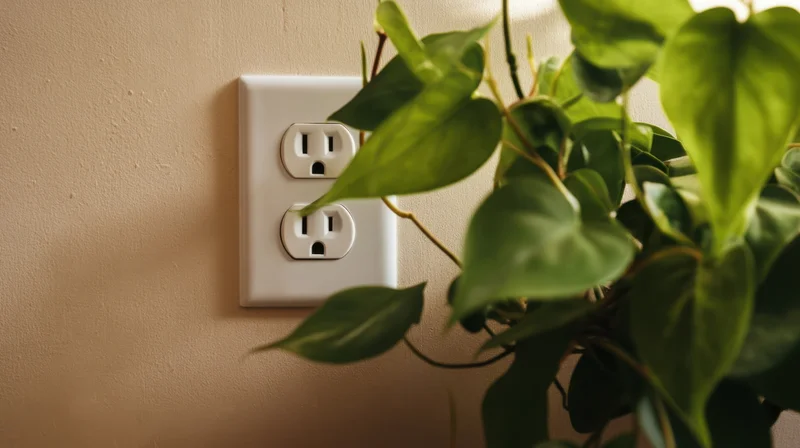 Green houseplant leaves framing a white electrical outlet on a beige wall