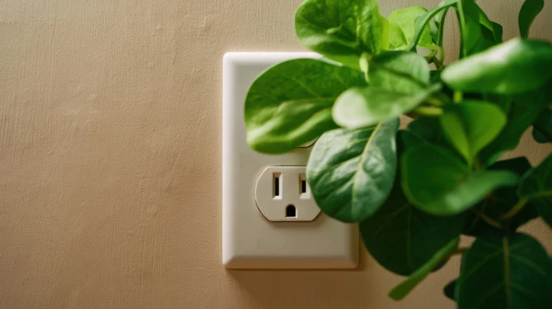 White electrical outlet on beige wall with green plant leaves partially covering it
