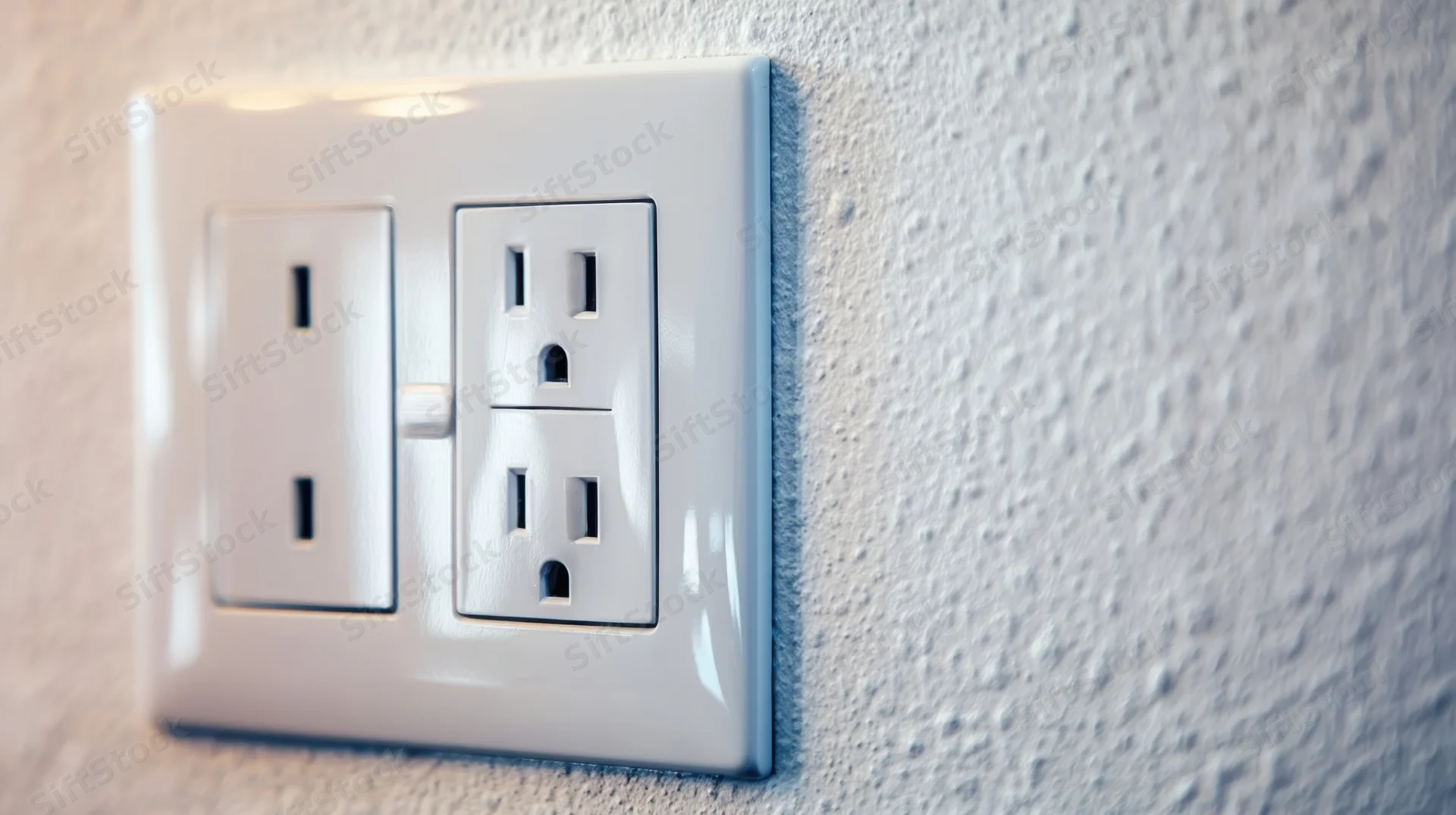 White electrical outlet with two sockets mounted on a textured wall