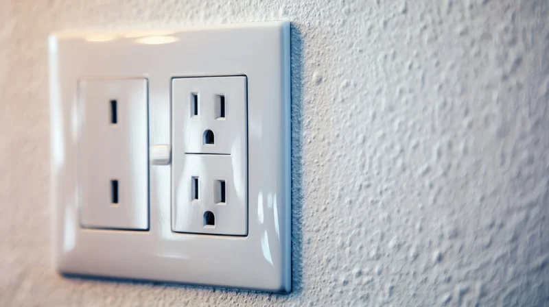White electrical outlet with two sockets mounted on a textured wall