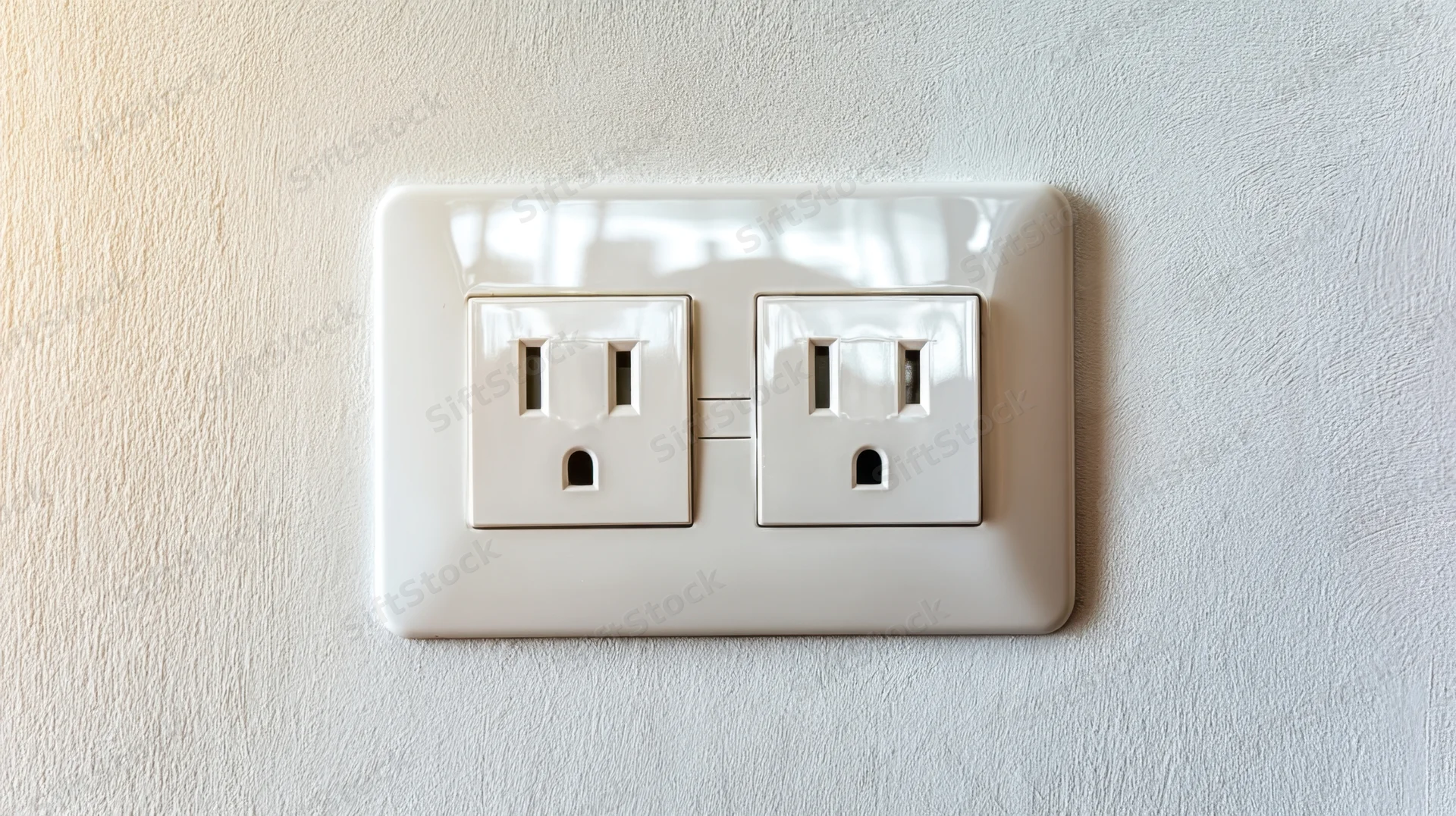 White dual electrical outlet mounted on a textured wall with light reflection on its glossy surface