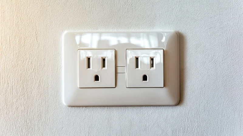 White dual electrical outlet mounted on a textured wall with light reflection on its glossy surface