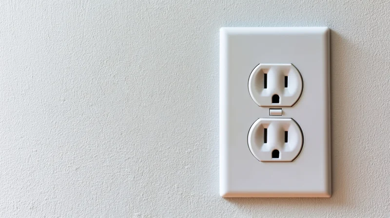 White electrical outlet mounted on a textured wall with copyspace to the left