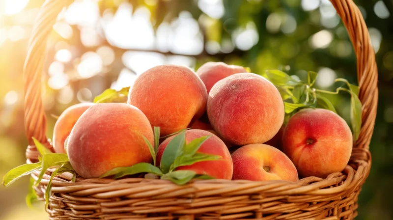 Ripe peaches in a wicker basket outdoors in a garden with sunlight and green leaves