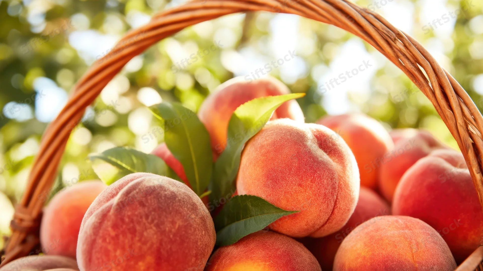 Ripe peaches in a wicker basket outdoors in an orchard with green leaves and sunlight
