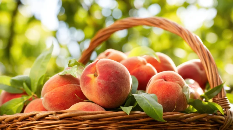 Ripe peaches in a wicker basket outdoors among green foliage