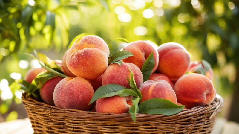 Ripe peaches in a wicker basket under sunlight in an orchard