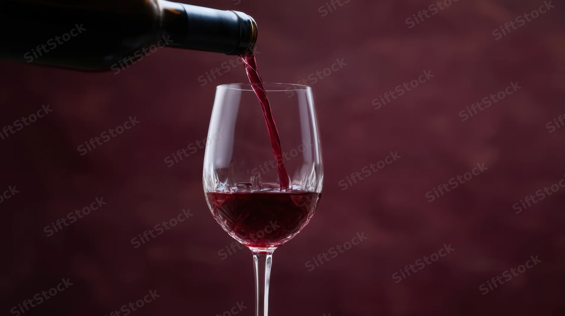 Red wine being poured from a bottle into a glass against a dark maroon background