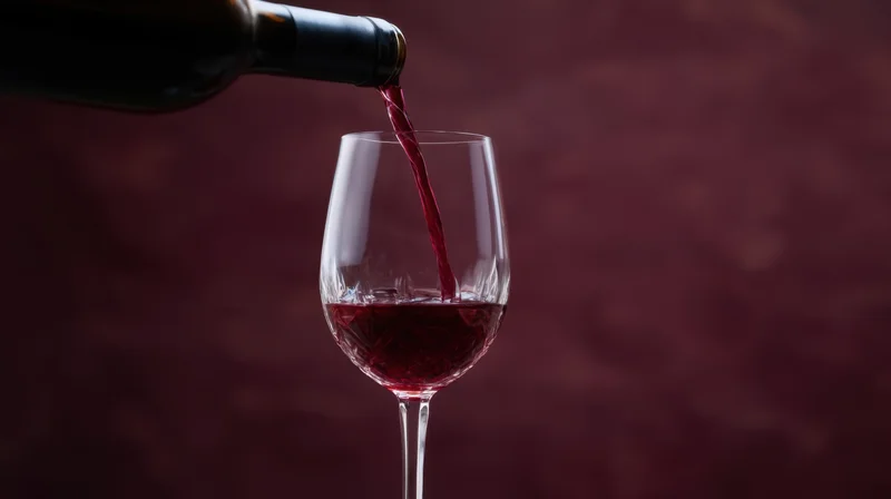 Red wine being poured from a bottle into a glass against a dark maroon background