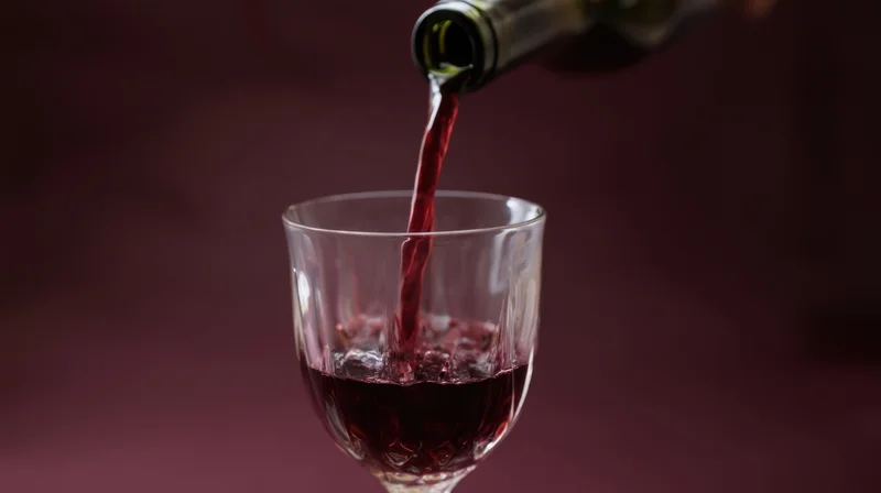 Red wine being poured from a bottle into a glass against a dark maroon background