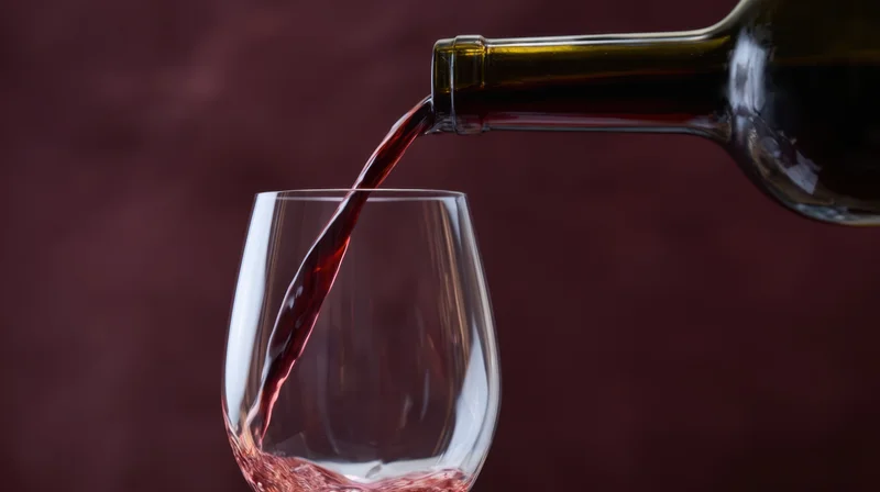 Red wine being poured from a bottle into a glass against a dark maroon background