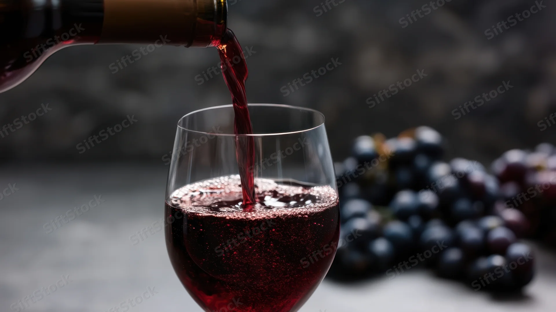 Red wine being poured from a bottle into a glass with grapes in the background