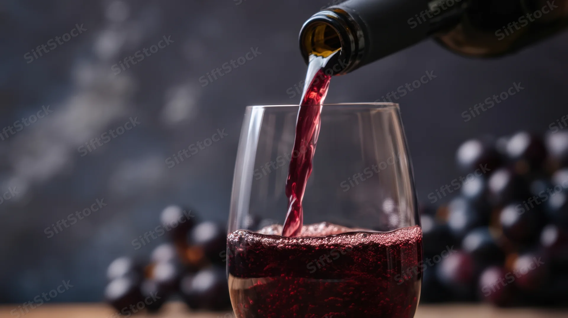 Red wine being poured from a bottle into a glass with grapes on a dark background