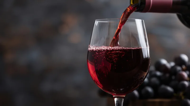 Red wine being poured into a glass with grapes in the background
