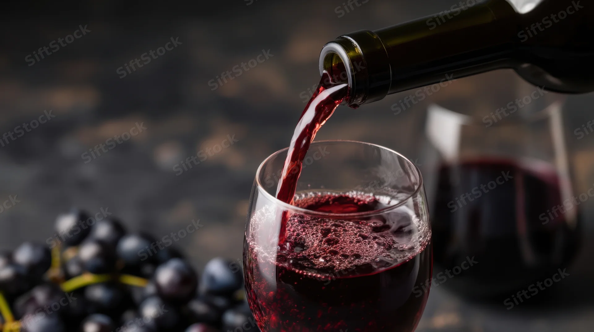 Red wine being poured from a bottle into a glass beside grapes on a dark surface