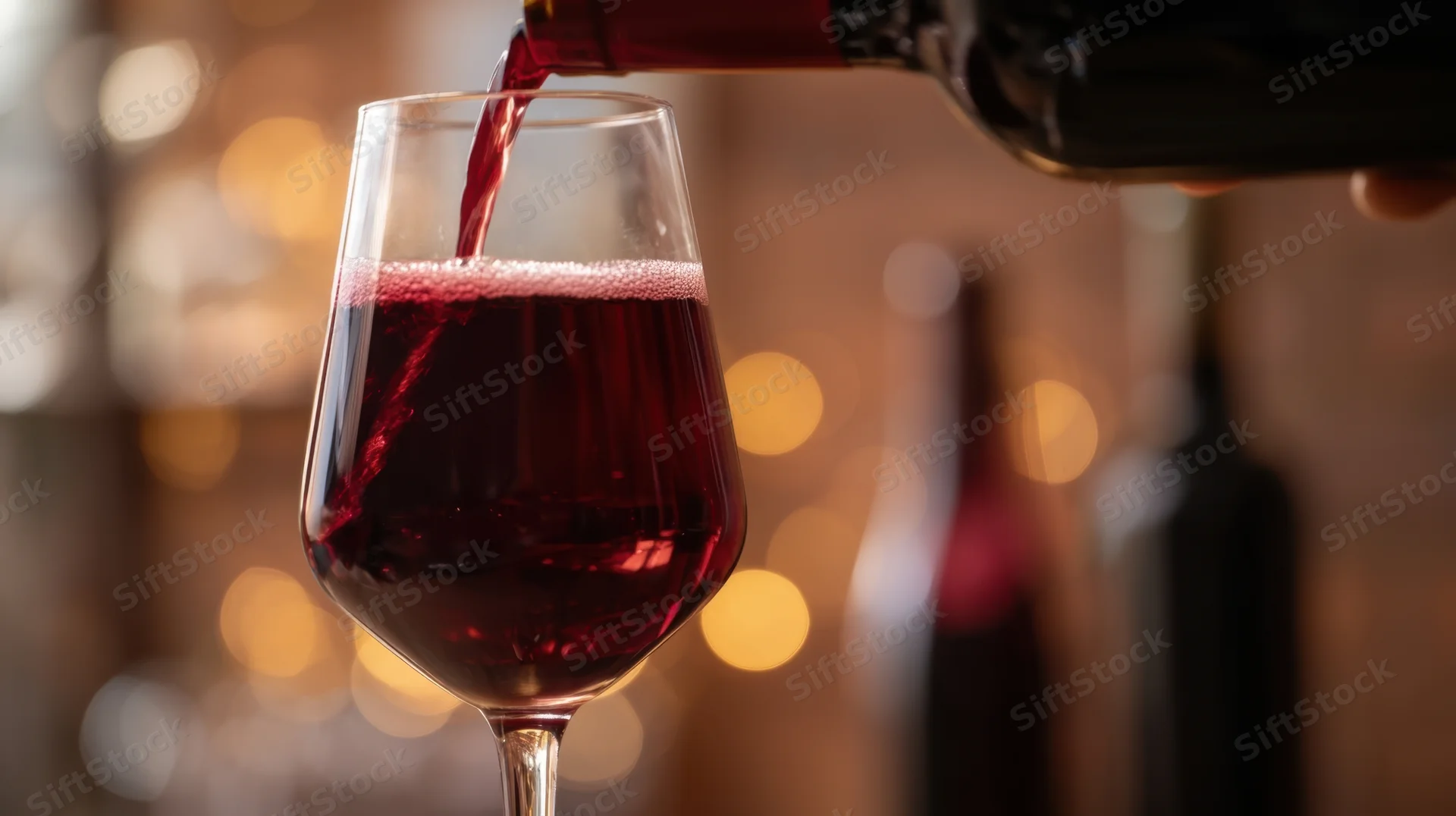 Red wine being poured into a glass at a bar with warm bokeh lights in the background